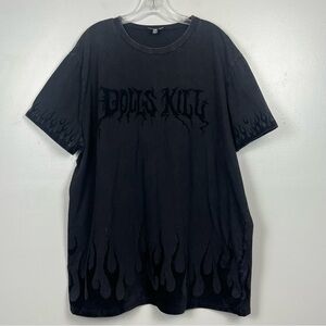 Dolls Kill black on black smocked velvet flame & Spellout t-shirt, size XXL.